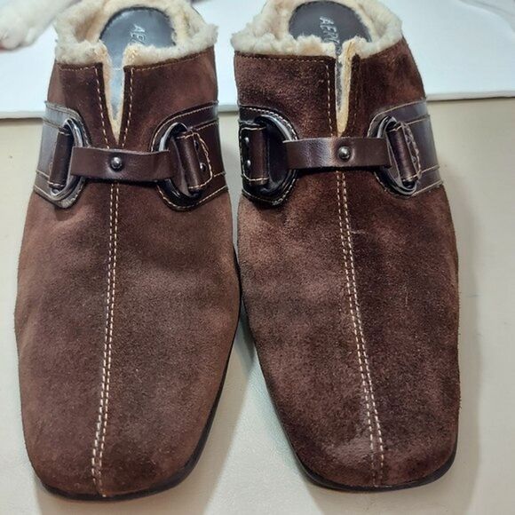 AEROSOLES Womens Mules Size 9M Brown Suede and Vegan Leather Heel Clogs Fleece - Picture 7 of 9